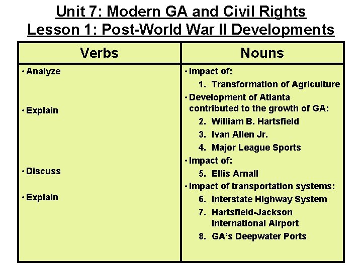 Unit 7: Modern GA and Civil Rights Lesson 1: Post-World War II Developments Verbs