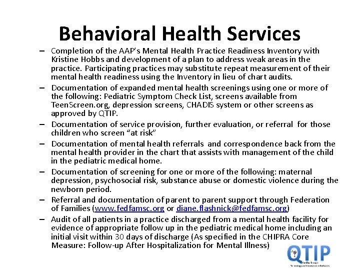 Behavioral Health Services – Completion of the AAP’s Mental Health Practice Readiness Inventory with