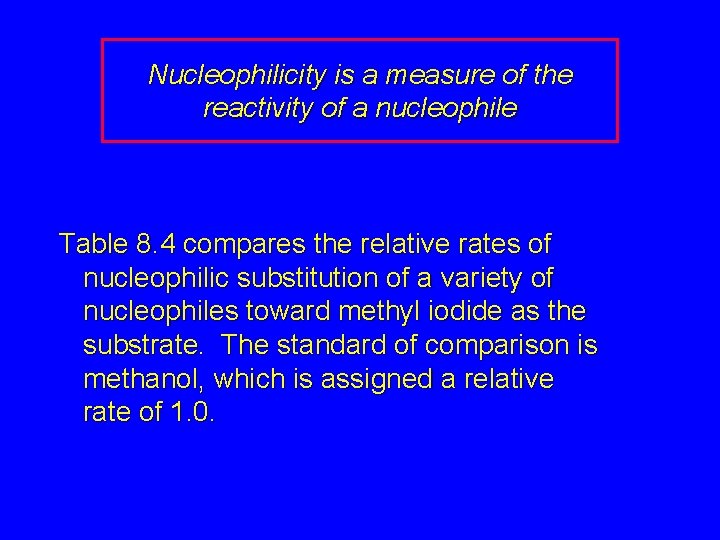 Nucleophilicity is a measure of the reactivity of a nucleophile Table 8. 4 compares