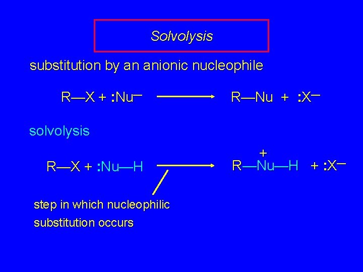 Solvolysis substitution by an anionic nucleophile R—X + : Nu— R—Nu + : X—