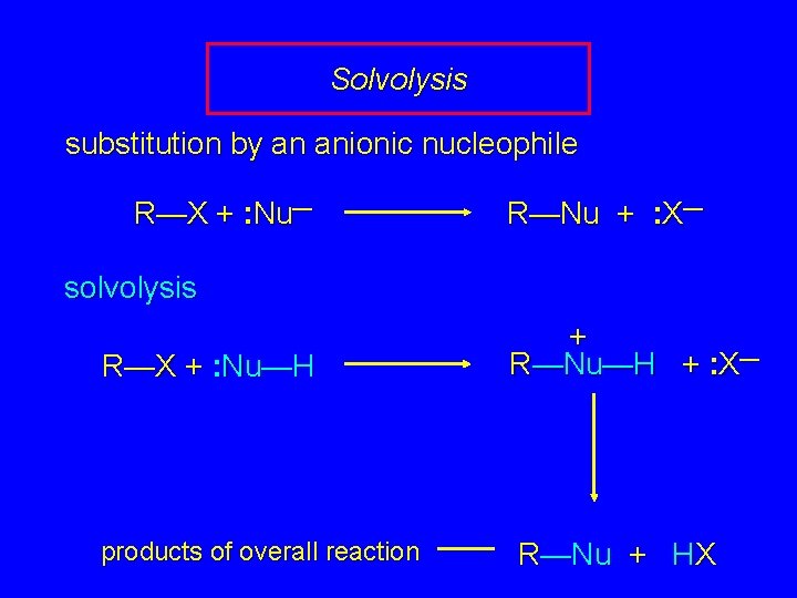 Solvolysis substitution by an anionic nucleophile R—X + : Nu— R—Nu + : X—