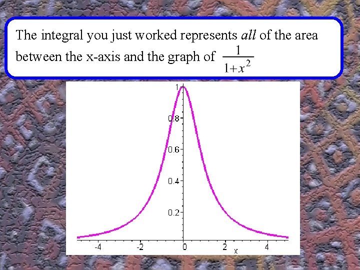 The integral you just worked represents all of the area between the x-axis and The integral you just worked represents all of the area between the x-axis and