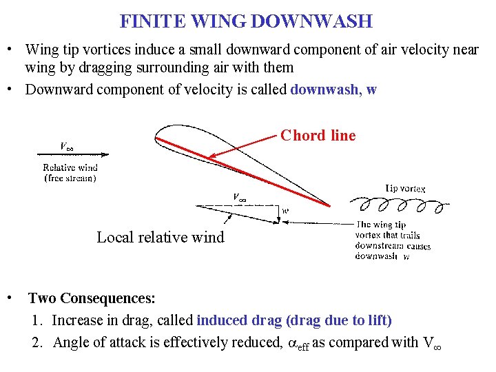 FINITE WING DOWNWASH • Wing tip vortices induce a small downward component of air