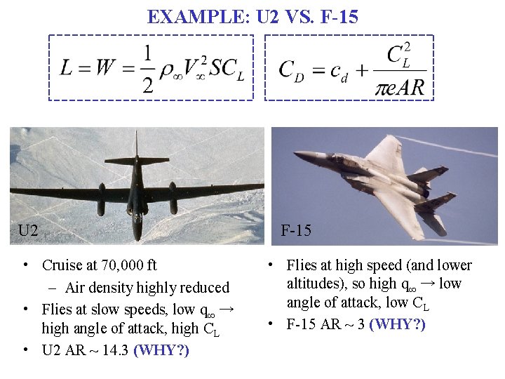 EXAMPLE: U 2 VS. F-15 U 2 • Cruise at 70, 000 ft –