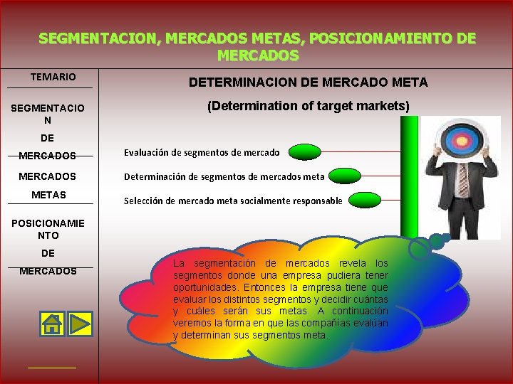 SEGMENTACION, MERCADOS METAS, POSICIONAMIENTO DE MERCADOS TEMARIO SEGMENTACIO N DETERMINACION DE MERCADO META (Determination