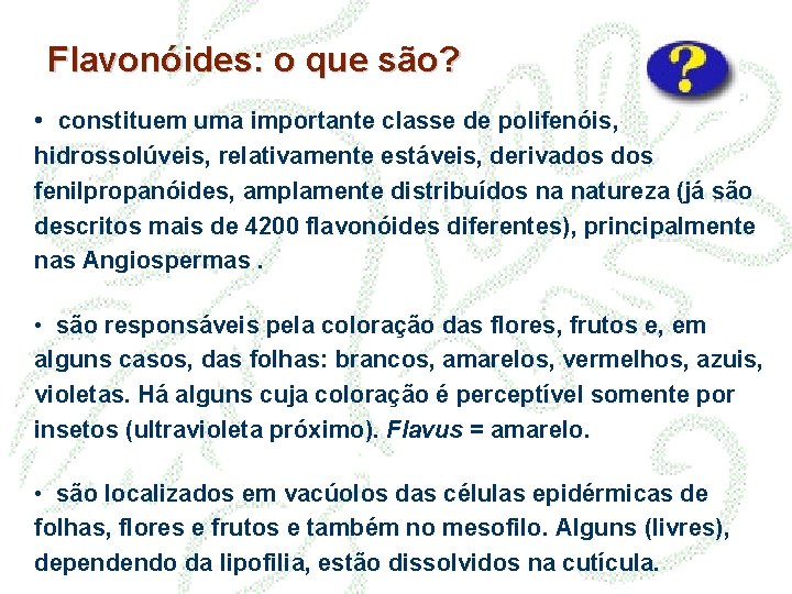 Flavonóides: o que são? • constituem uma importante classe de polifenóis, hidrossolúveis, relativamente estáveis,