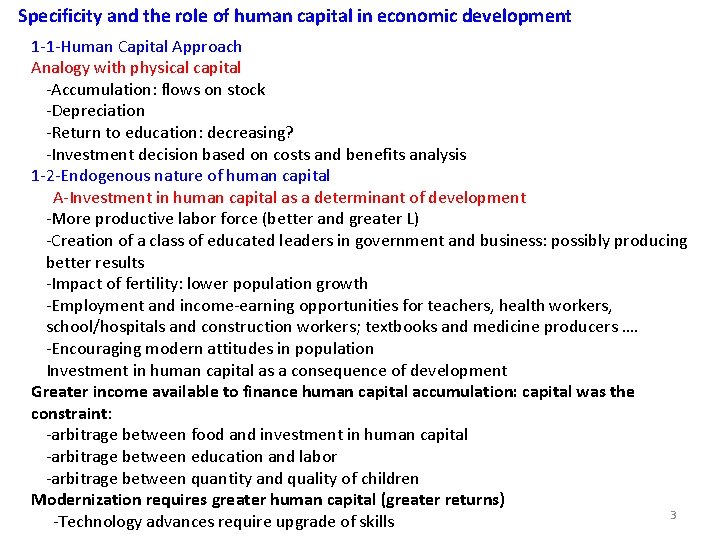 Specificity and the role of human capital in economic development 1‐ 1‐Human Capital Approach