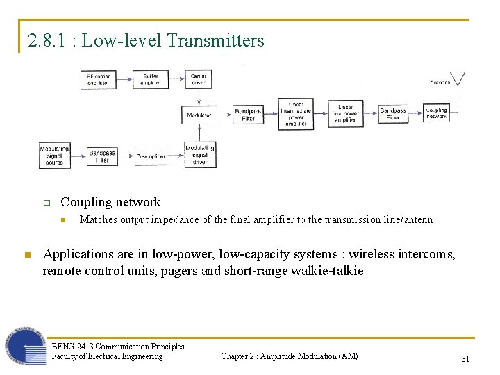 2. 8. 1 : Low-level Transmitters q Coupling network n n Matches output impedance