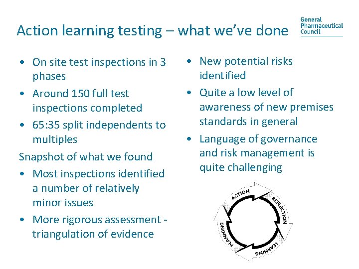 Action learning testing – what we’ve done • On site test inspections in 3