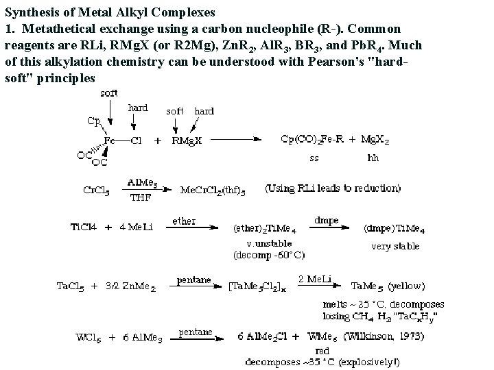 Synthesis of Metal Alkyl Complexes 1. Metathetical exchange using a carbon nucleophile (R-). Common