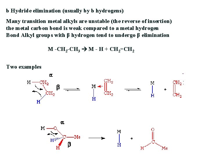 b Hydride elimination (usually by b hydrogens) Many transition metal alkyls are unstable (the