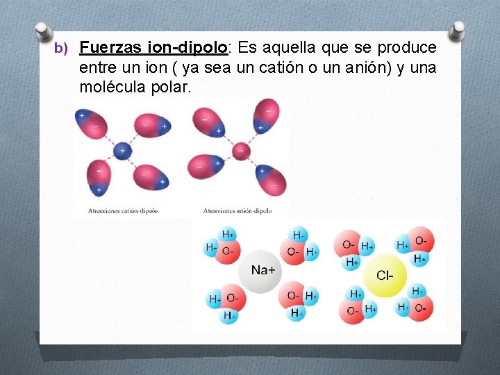 b) Fuerzas ion-dipolo: Es aquella que se produce entre un ion ( ya sea