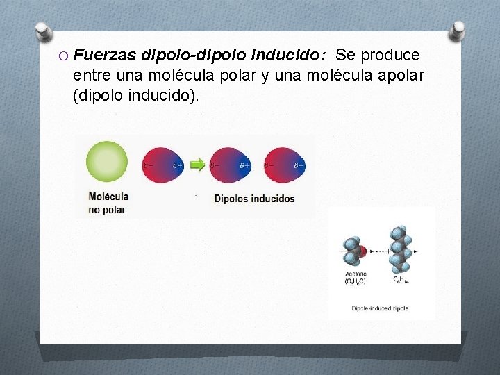 O Fuerzas dipolo-dipolo inducido: Se produce entre una molécula polar y una molécula apolar