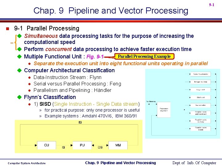 Chap. 9 Pipeline and Vector Processing 9 -1 Parallel Processing n u Simultaneous data