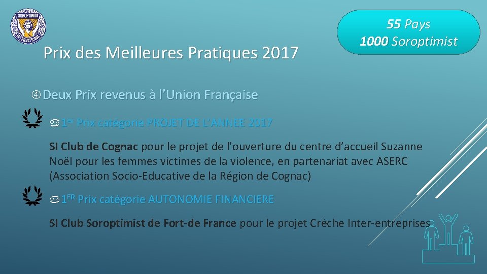 Prix des Meilleures Pratiques 2017 55 Pays 1000 Soroptimist Deux Prix revenus à l’Union