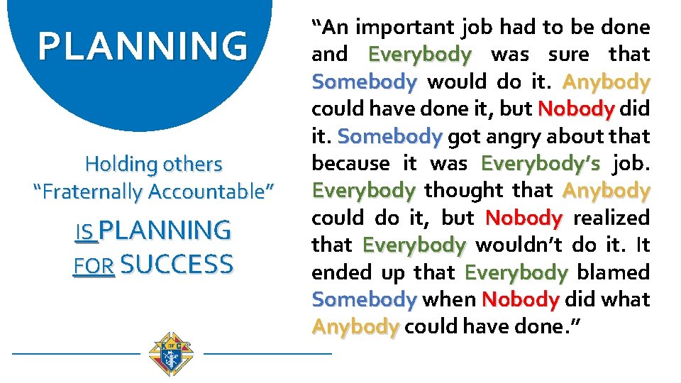 PLANNING Holding others “Fraternally Accountable” IS PLANNING FOR SUCCESS “An important job had to