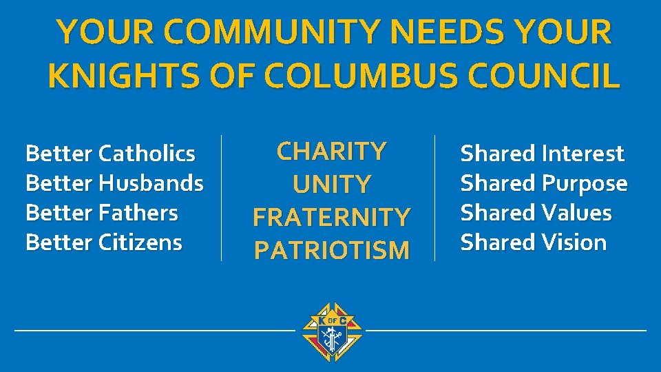 YOUR COMMUNITY NEEDS YOUR THE WORLD NEEDS… KNIGHTS OF COLUMBUS COUNCIL Better Catholics Better