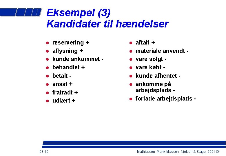 Eksempel (3) Kandidater til hændelser 03. 10 reservering + aflysning + kunde ankommet behandlet