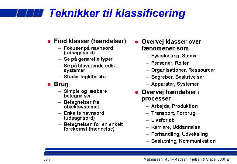 Teknikker til klassificering Find klasser (hændelser) – Fokuser på navneord (udsagnsord) – Se på