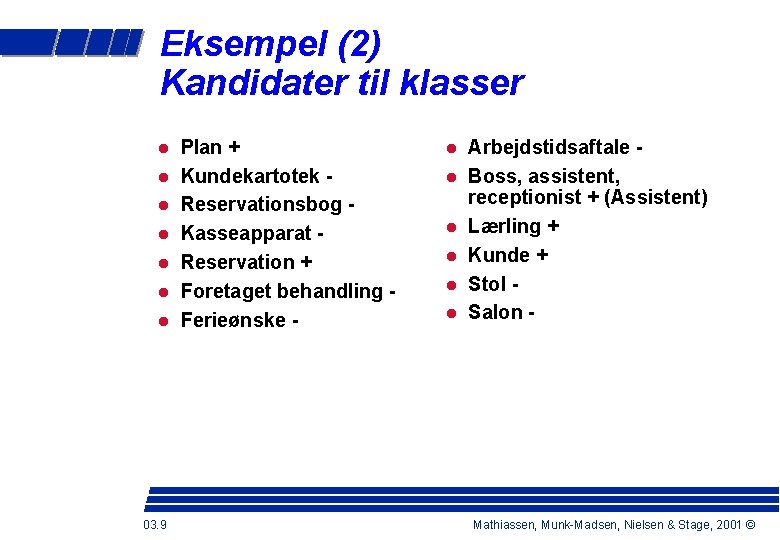 Eksempel (2) Kandidater til klasser 03. 9 Plan + Kundekartotek Reservationsbog Kasseapparat Reservation +