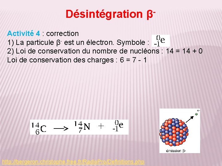 Désintégration βActivité 4 : correction 1) La particule β- est un électron. Symbole :