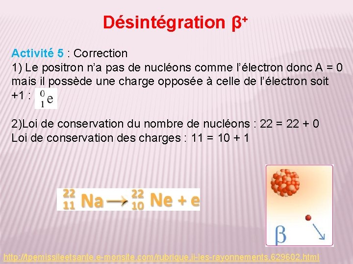 Désintégration β+ Activité 5 : Correction 1) Le positron n’a pas de nucléons comme