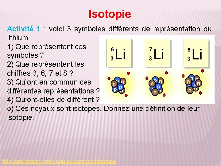 Isotopie Activité 1 : voici 3 symboles différents de représentation du lithium. 1) Que