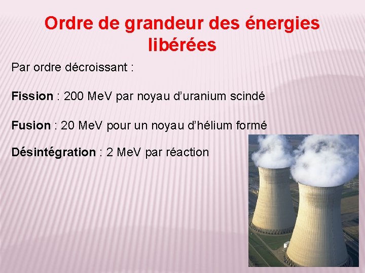 Ordre de grandeur des énergies libérées Par ordre décroissant : Fission : 200 Me.