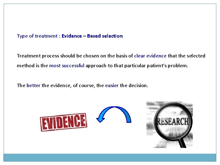 Type of treatment : Evidence – Based selection Treatment process should be chosen on Type of treatment : Evidence – Based selection Treatment process should be chosen on