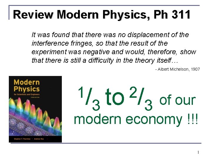 Review Modern Physics, Ph 311 It was found that there was no displacement of