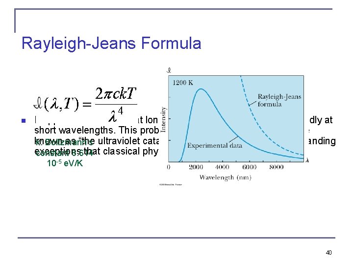 Rayleigh-Jeans Formula n It approaches the data at longer wavelengths, but it deviates badly