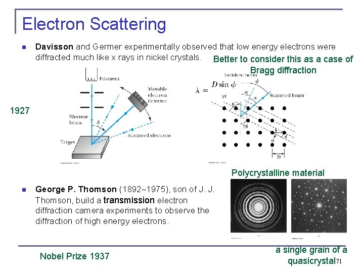 Electron Scattering n Davisson and Germer experimentally observed that low energy electrons were diffracted