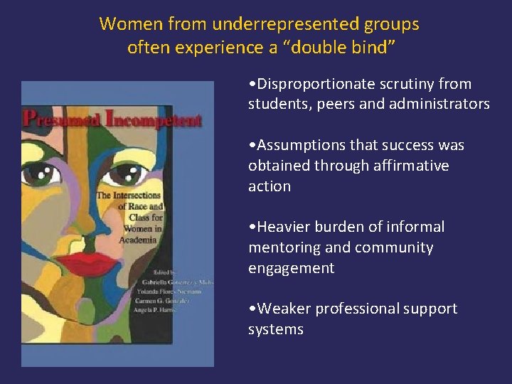 Women from underrepresented groups often experience a “double bind” • Disproportionate scrutiny from students,
