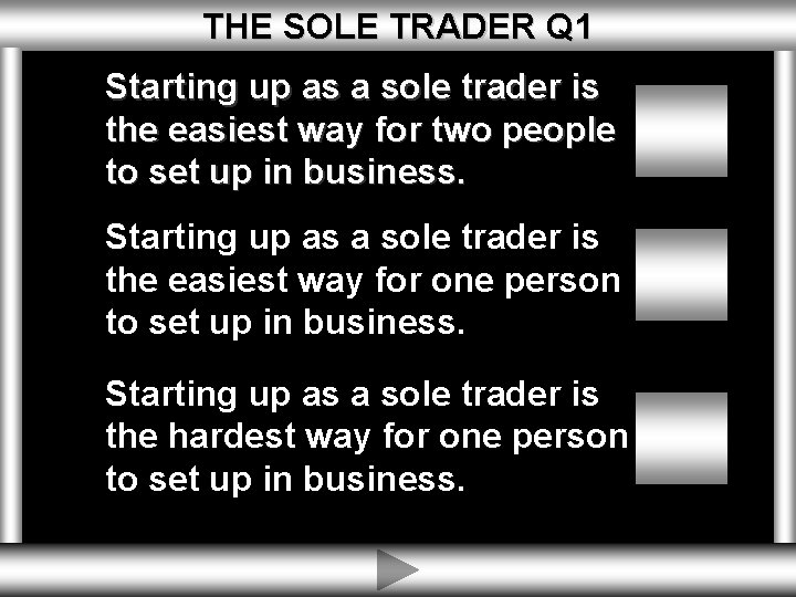 THE SOLE TRADER Q 1 Starting up as a sole trader is the easiest