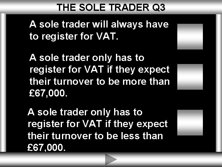 THE SOLE TRADER Q 3 A sole trader will always have to register for