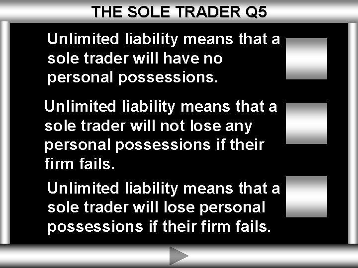 THE SOLE TRADER Q 5 Unlimited liability means that a sole trader will have