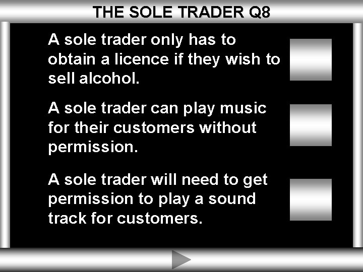 THE SOLE TRADER Q 8 A sole trader only has to obtain a licence