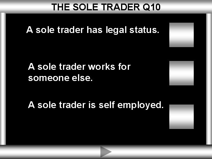 THE SOLE TRADER Q 10 A sole trader has legal status. A sole trader