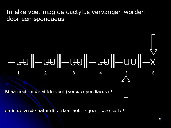 In elke voet mag de dactylus vervangen worden door een spondaeus — U— U║—