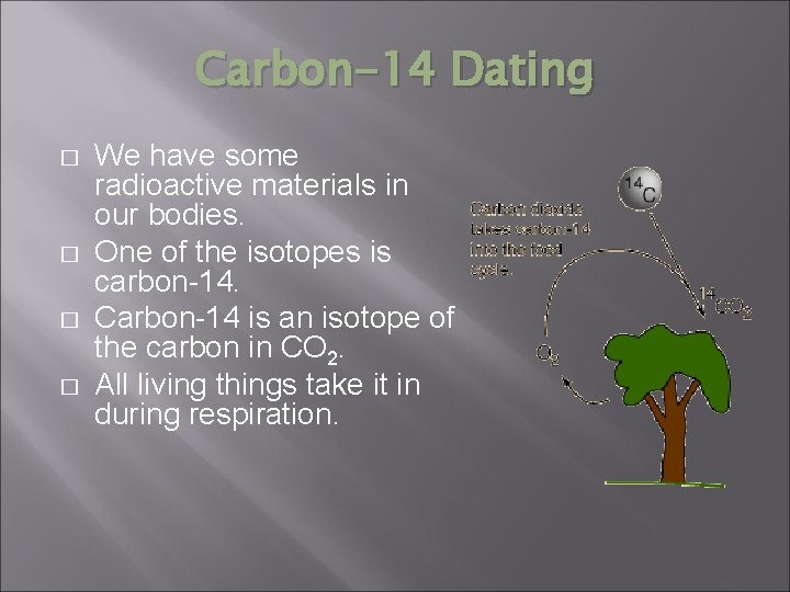 Carbon-14 Dating � � We have some radioactive materials in our bodies. One of