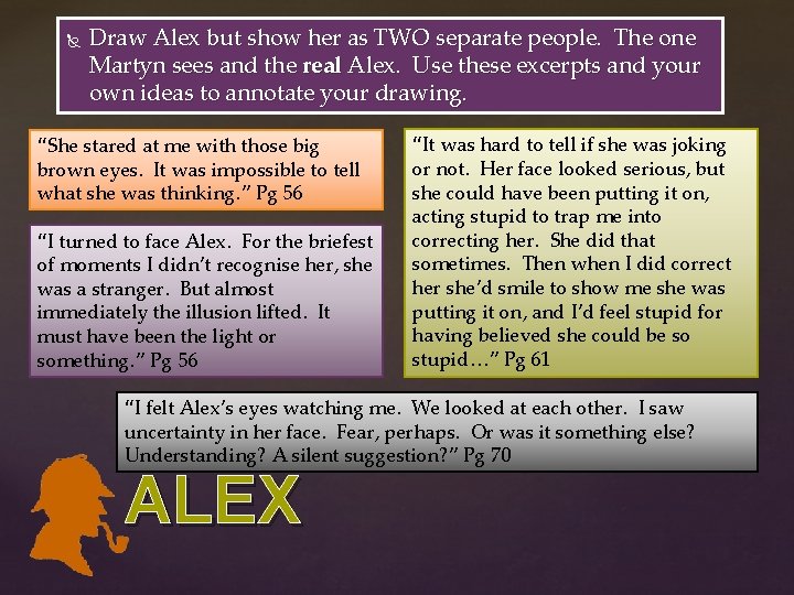 Draw Alex but show her as TWO separate people. The one Martyn sees Draw Alex but show her as TWO separate people. The one Martyn sees