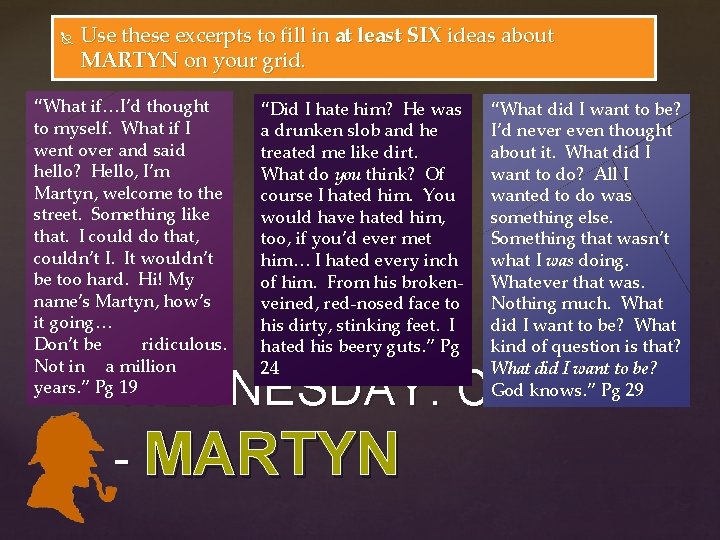 Use these excerpts to fill in at least SIX ideas about MARTYN on Use these excerpts to fill in at least SIX ideas about MARTYN on