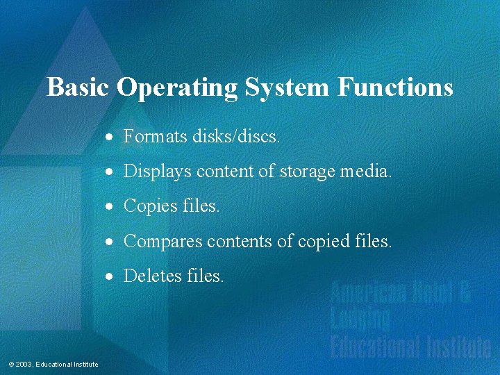 Basic Operating System Functions · Formats disks/discs. · Displays content of storage media. ·
