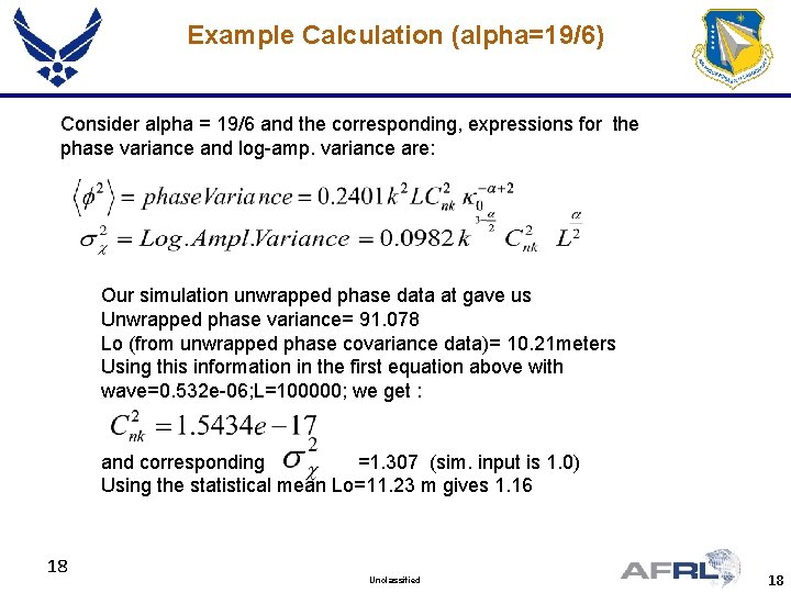 Example Calculation (alpha=19/6) Consider alpha = 19/6 and the corresponding, expressions for the phase