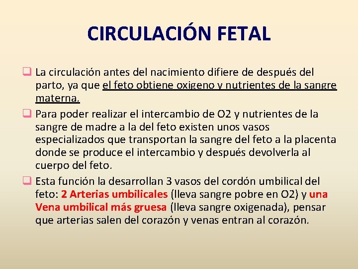 CIRCULACIÓN FETAL q La circulación antes del nacimiento difiere de después del parto, ya