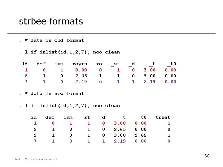 strbee formats. * data in old format. l if inlist(id, 1, 2, 7), noo