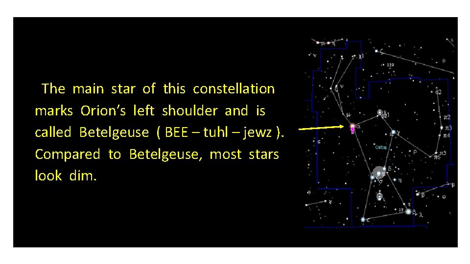 The main star of this constellation marks Orion’s left shoulder and is called Betelgeuse