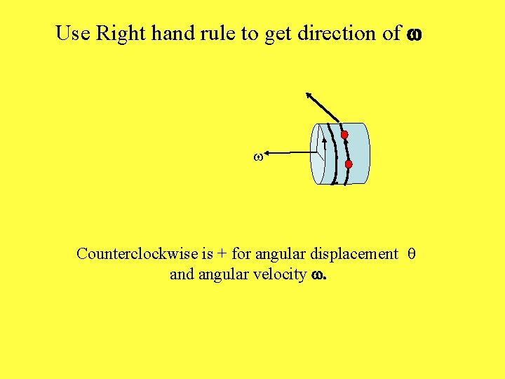 Use Right hand rule to get direction of w Counterclockwise is + for angular