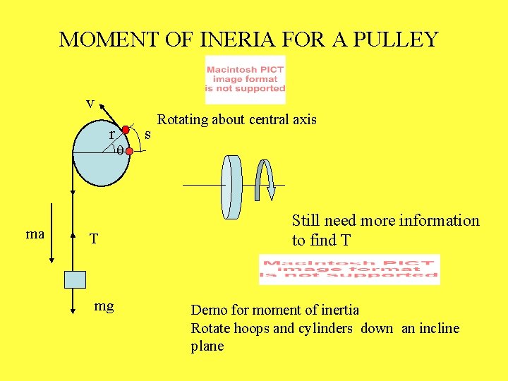 MOMENT OF INERIA FOR A PULLEY v r ma T mg q s Rotating