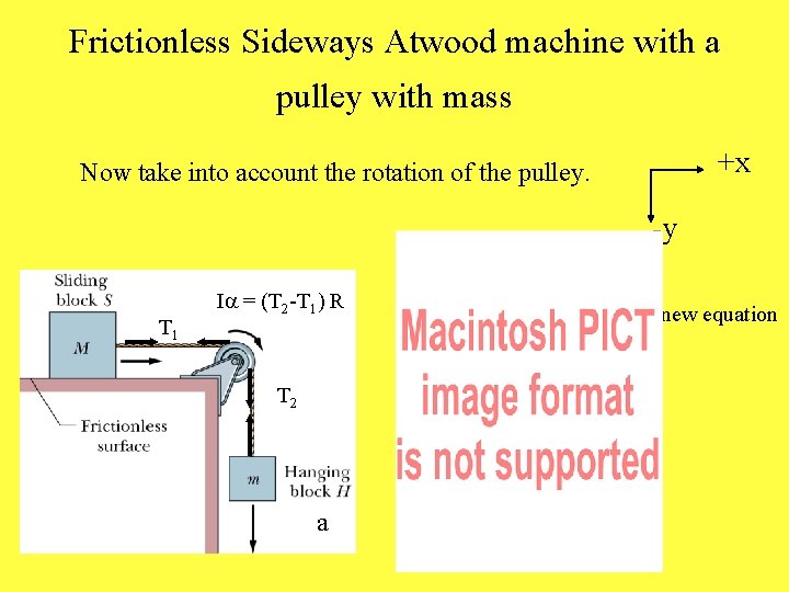 Frictionless Sideways Atwood machine with a pulley with mass +x Now take into account